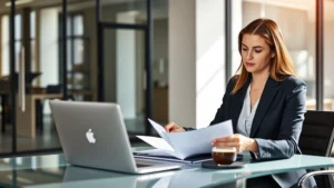 Professional woman attorney in business suit reviewing documents at modern office desk with laptop and coffee, natural window lighting, focused expression, contemporary law firm interior with glass partitions visible in background