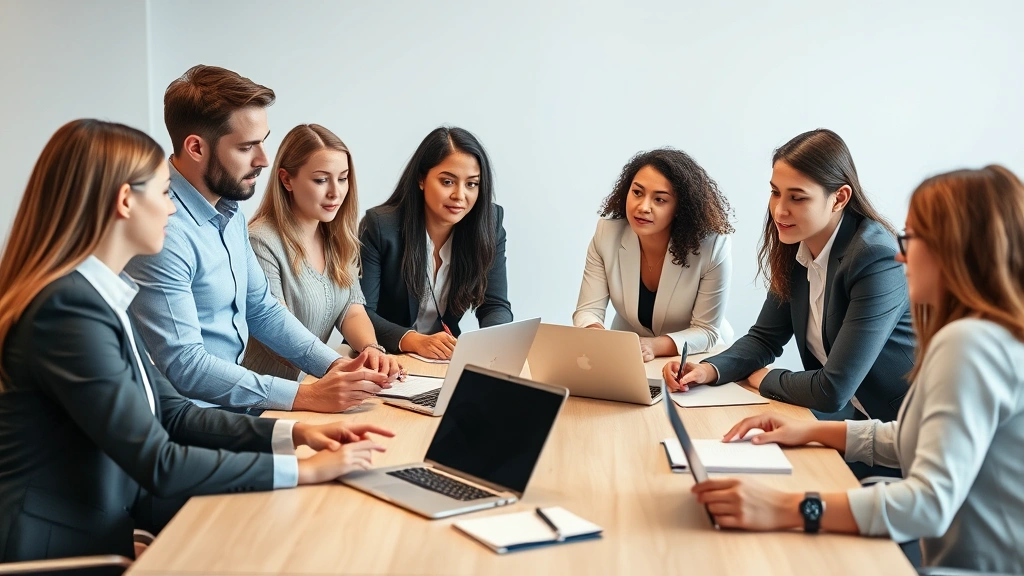 Group of diverse young professionals in business casual attire engaged in discussion around conference table with laptops and notepads, collaborative atmosphere, modern office setting with minimalist design, warm professional lighting