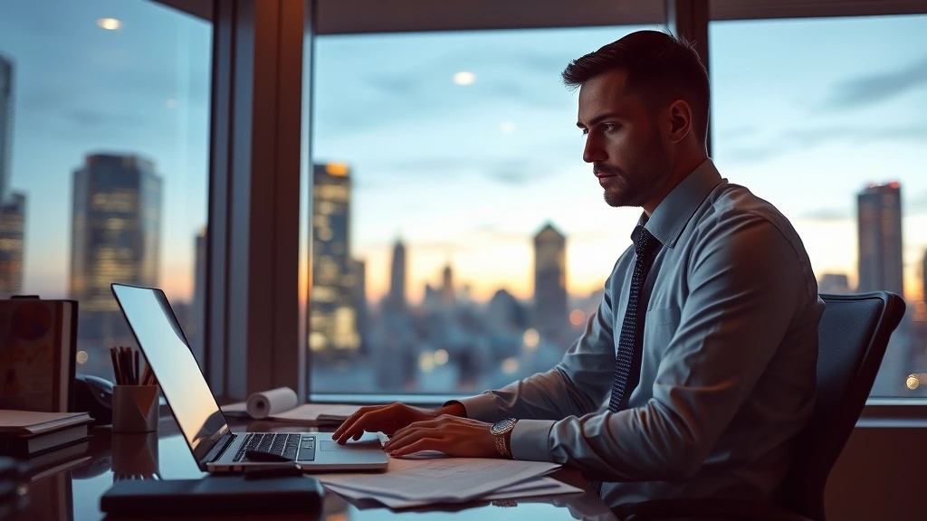 Male attorney in dress shirt at desk during evening hours with city skyline visible through window behind, working on laptop with papers scattered, thoughtful expression, representing work-life balance challenge and late evening legal work