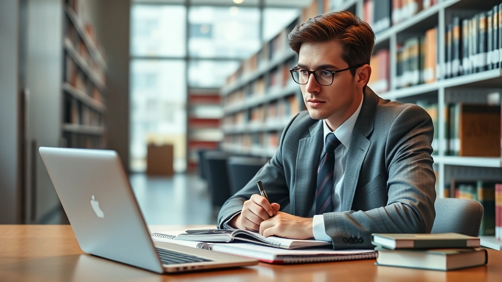 Professional law student studying at desk with legal textbooks, laptop, and handwritten notes in modern law library setting, natural lighting, focused expression, realistic photography