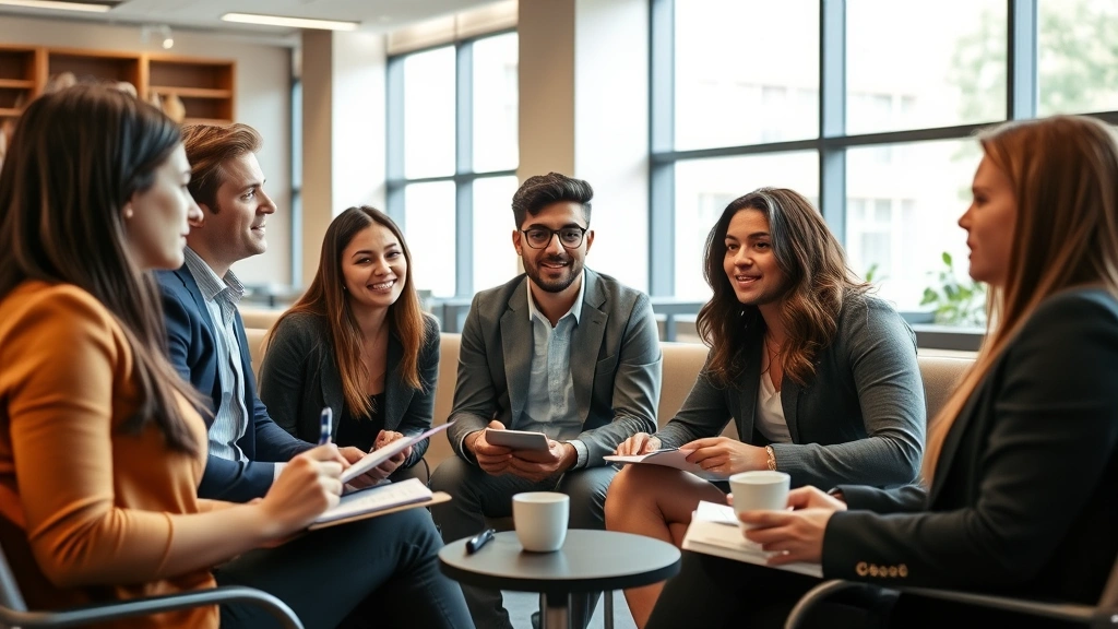 Diverse group of law students having discussion in casual law school setting, engaged conversation with notebooks and coffee, professional yet relaxed atmosphere, natural indoor lighting