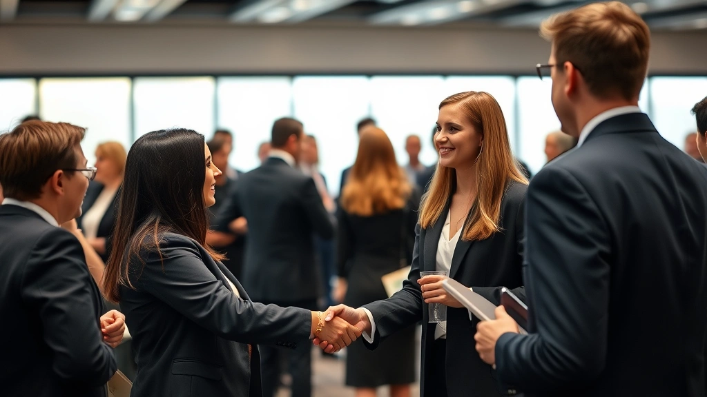 Law student in professional attire at networking event with practicing attorneys, handshake, business casual environment, law firm or bar association setting, warm professional lighting