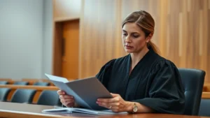Professional female judge in black robes sitting at bench reviewing legal documents with thoughtful expression, modern courthouse setting with wood paneling, soft natural lighting, serious contemplative atmosphere