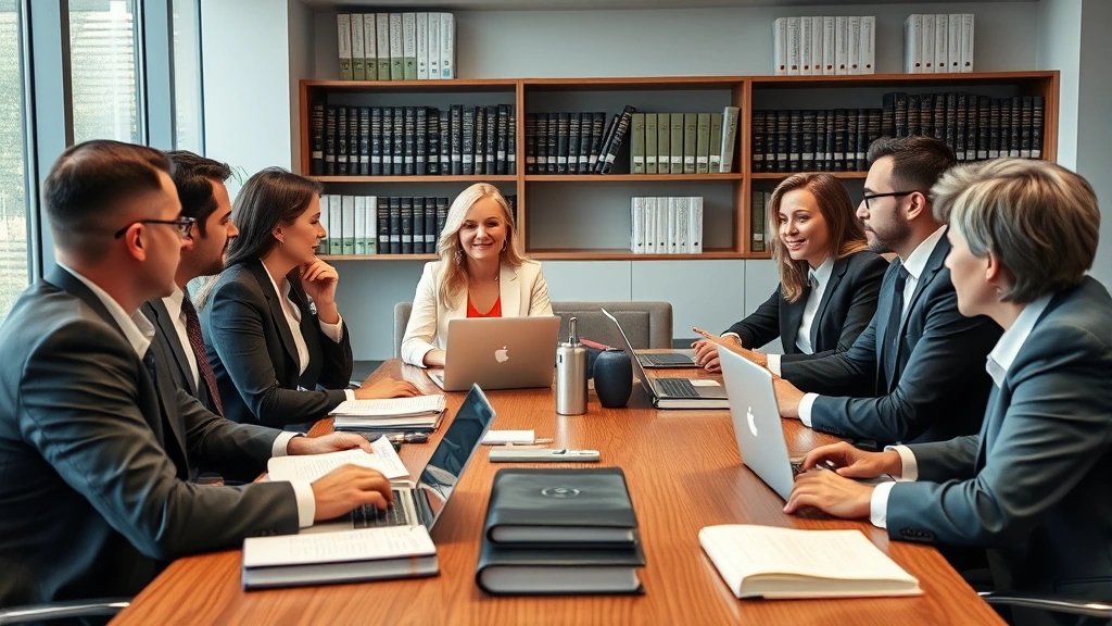 Diverse group of legal scholars and attorneys in professional attire engaged in animated discussion around conference table with law books and laptops, modern law office, collaborative intellectual environment