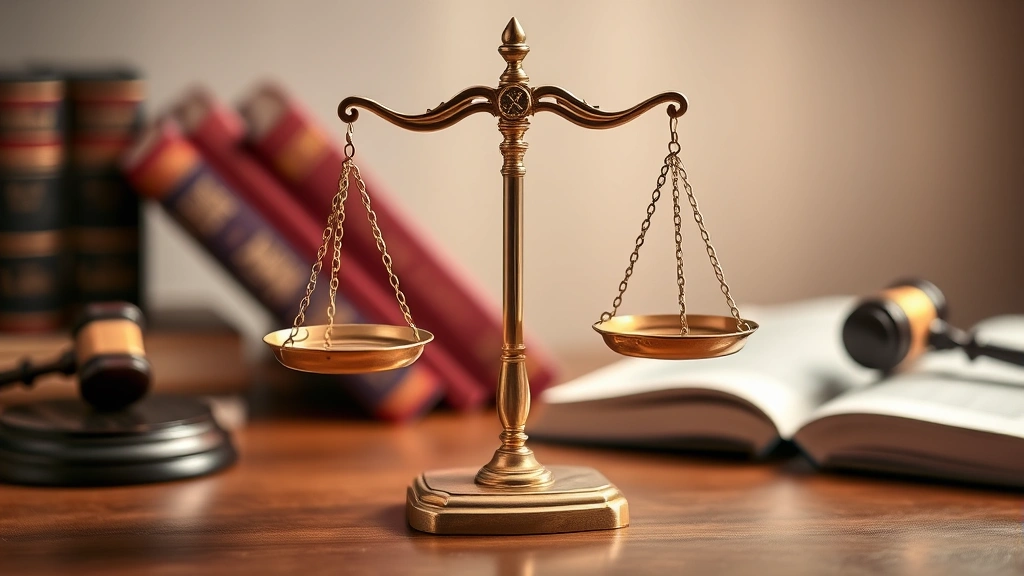 Scales of justice in soft focus with law books and gavel nearby on wooden desk, scales perfectly balanced, golden metallic finish, warm professional lighting, symbolizing equilibrium between law and fairness