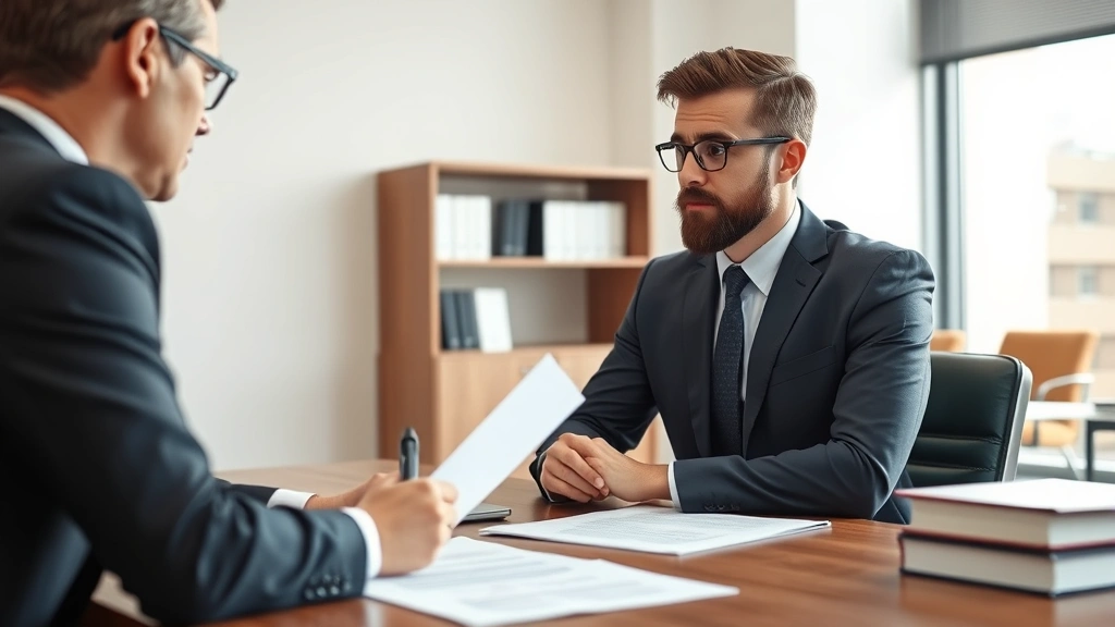 Professional legal consultation meeting between attorney and young client in modern law office with natural lighting, both seated at wooden desk with legal documents visible, serious professional atmosphere