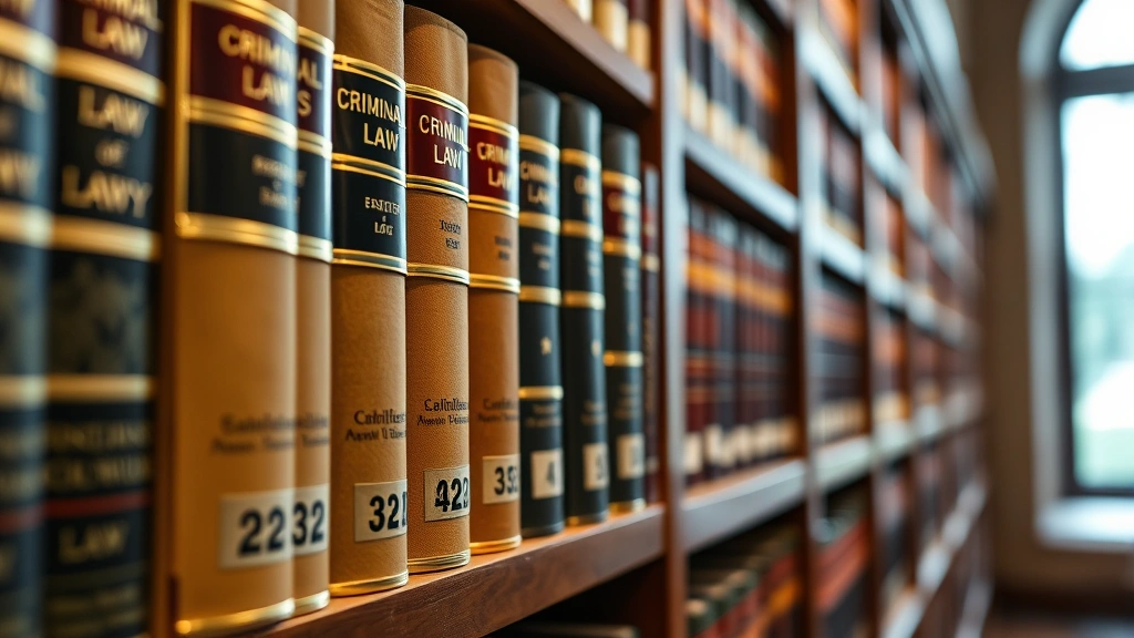 Close-up of law books and legal reference materials on wooden shelf in law library, with specific focus on criminal law and statute books, professional lighting