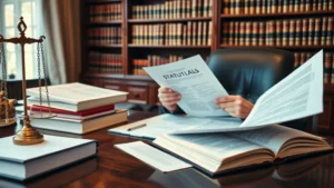 Professional legal office setting with law books, desk, and documents; lawyer reviewing statutory materials; warm lighting, focused atmosphere, no people visible in detail