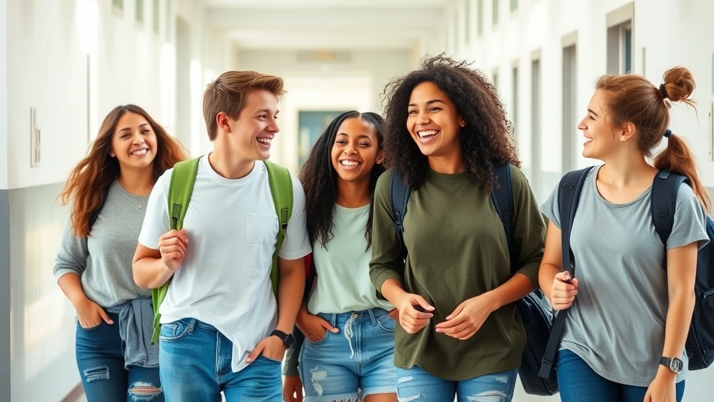 Young diverse students in school hallway or campus setting, laughing and walking together, bright natural lighting, candid moment capturing adolescent friendship and relationships naturally