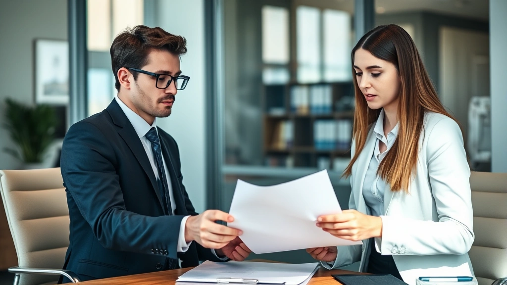 Professional young adult legal consultation scene showing a serious attorney and young client discussing documents in a modern law office, natural lighting, focused expressions, no visible text on documents