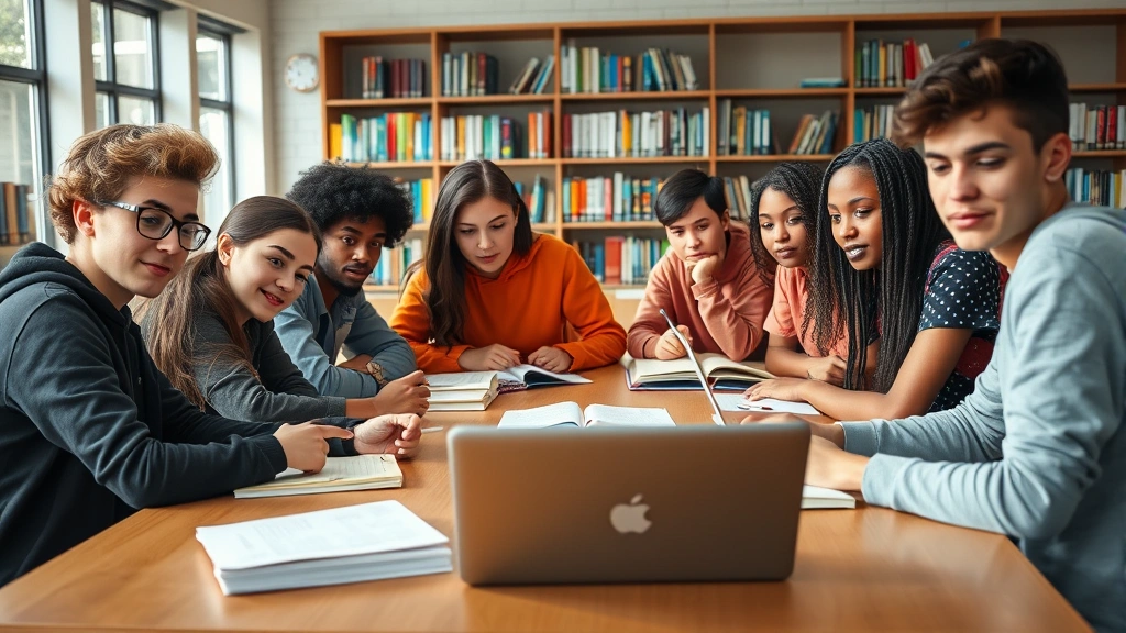 Diverse group of teenagers studying together at a library table with books and laptops, natural indoor lighting, engaged and serious expressions, representing youth education about legal matters