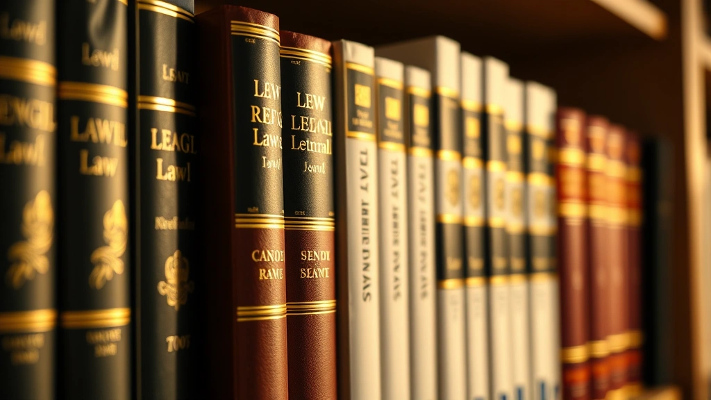 Close-up of legal reference books and law journals on a shelf with warm professional lighting, showing binding and spine details but no readable text, representing legal research and authority