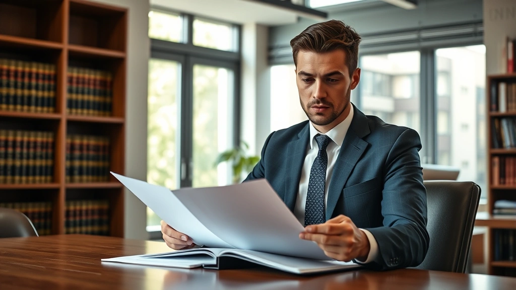 Professional young adult attorney in modern law office reviewing legal documents at wooden desk, serious focused expression, natural lighting from windows, wearing business suit, law books visible on shelves