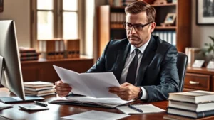 Professional lawyer in business suit reviewing personal injury documents and case files at wooden desk with legal books and computer, natural office lighting, confident expression, photorealistic
