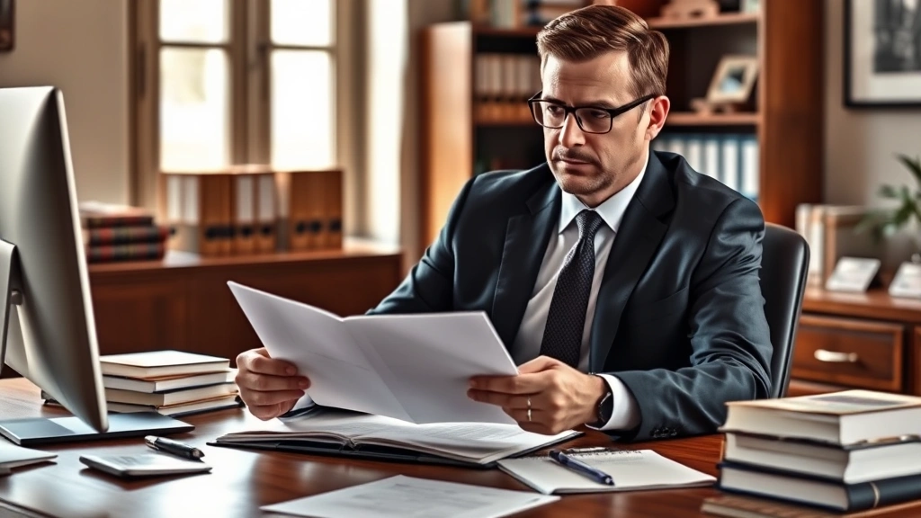 Professional lawyer in business suit reviewing personal injury documents and case files at wooden desk with legal books and computer, natural office lighting, confident expression, photorealistic