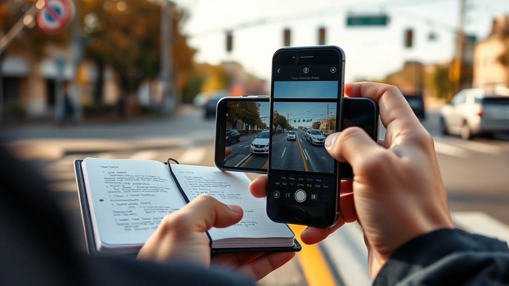 Close-up of person's hand holding smartphone documenting accident scene at street intersection, showing photographs and notes in notepad, daylight, realistic detail