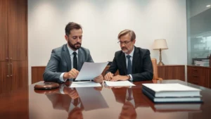 Professional legal consultation scene: attorney and client reviewing documents at polished wooden desk in modern law office, neutral lighting, serious professional atmosphere, no text visible on papers