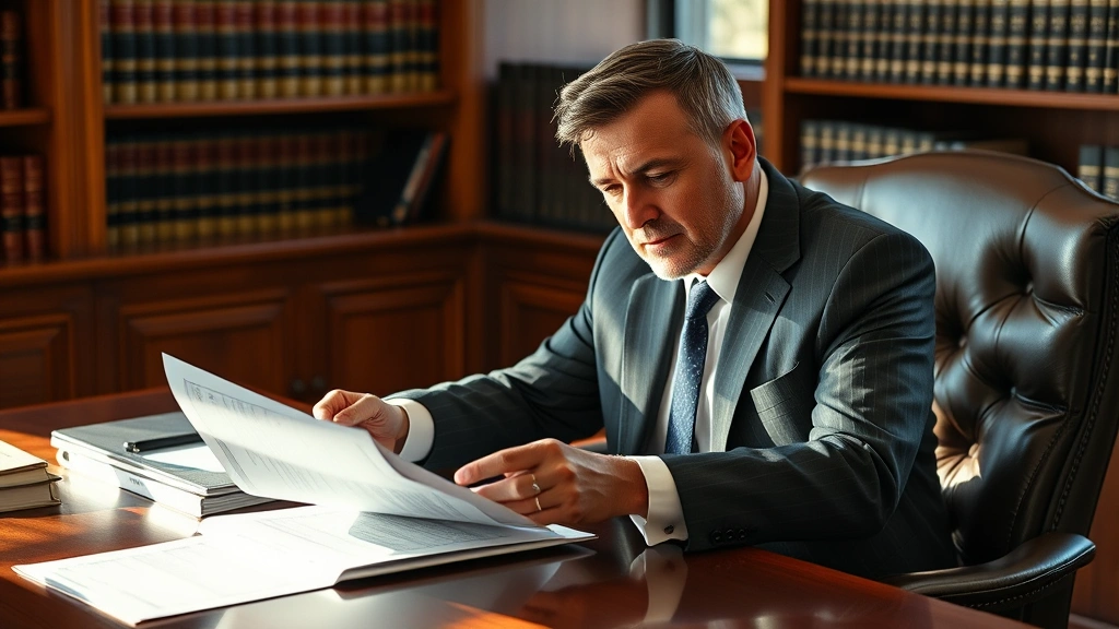 Professional male attorney in business suit sitting at mahogany desk reviewing legal documents, natural office lighting, confident expression, law books visible in background