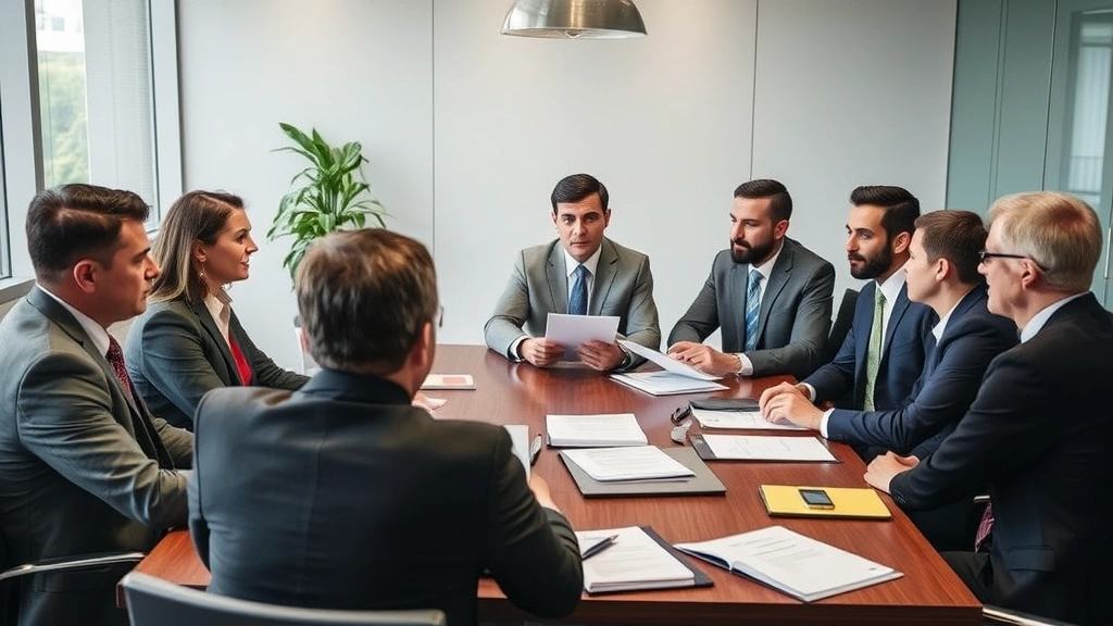 Diverse group of personal injury lawyers in conference room discussing case strategy around table with legal briefs and case files, collaborative professional environment