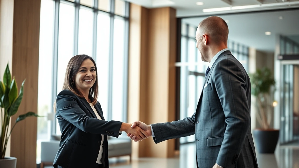 Female attorney shaking hands with satisfied client in modern office lobby, both smiling, natural daylight through windows, professional but warm atmosphere
