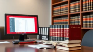 Professional legal office with law books and computer displaying database records, representing scarlet law registration systems and public disclosure mechanisms. Neutral background, professional atmosphere, no visible text or documents.