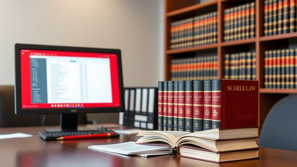 Professional legal office with law books and computer displaying database records, representing scarlet law registration systems and public disclosure mechanisms. Neutral background, professional atmosphere, no visible text or documents.