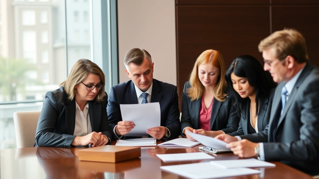 Diverse group of professionals in business attire reviewing documents at conference table, symbolizing legal reform discussions and policy considerations for scarlet law statutes. Professional setting, collaborative environment, no visible text.
