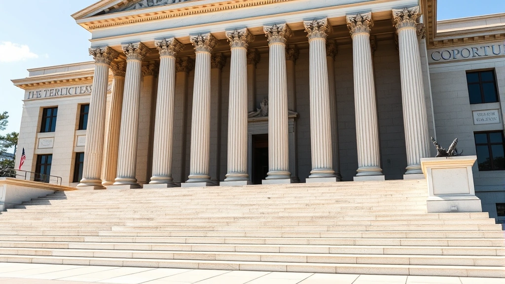 Modern courthouse building exterior with steps and columns in natural daylight, representing constitutional legal frameworks and court decisions affecting scarlet law statutes. Architectural focus, professional legal setting, no visible signage.