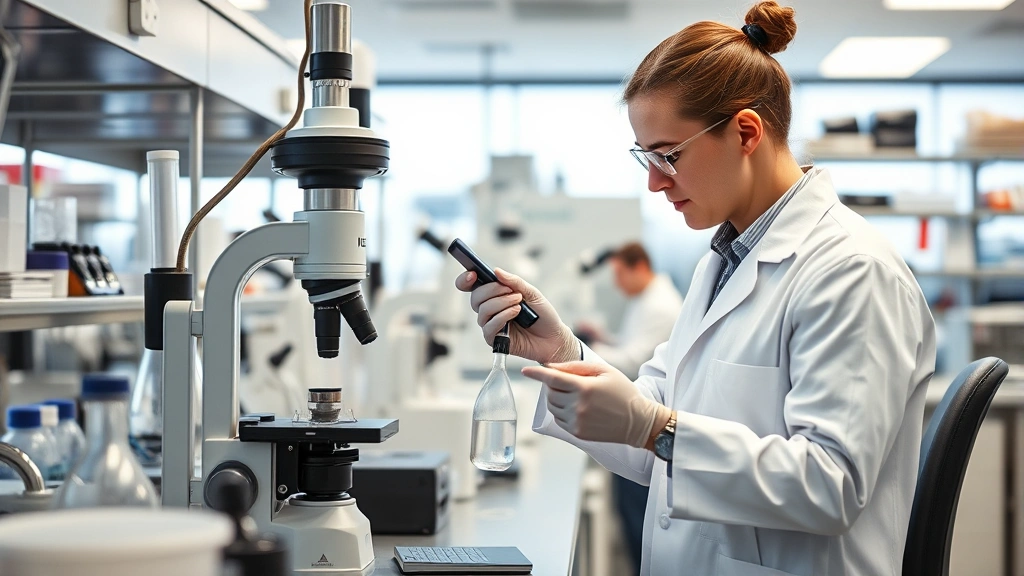 Professional scientist in laboratory conducting experiment with precise instruments and data collection equipment, modern research facility background, focused and methodical work environment