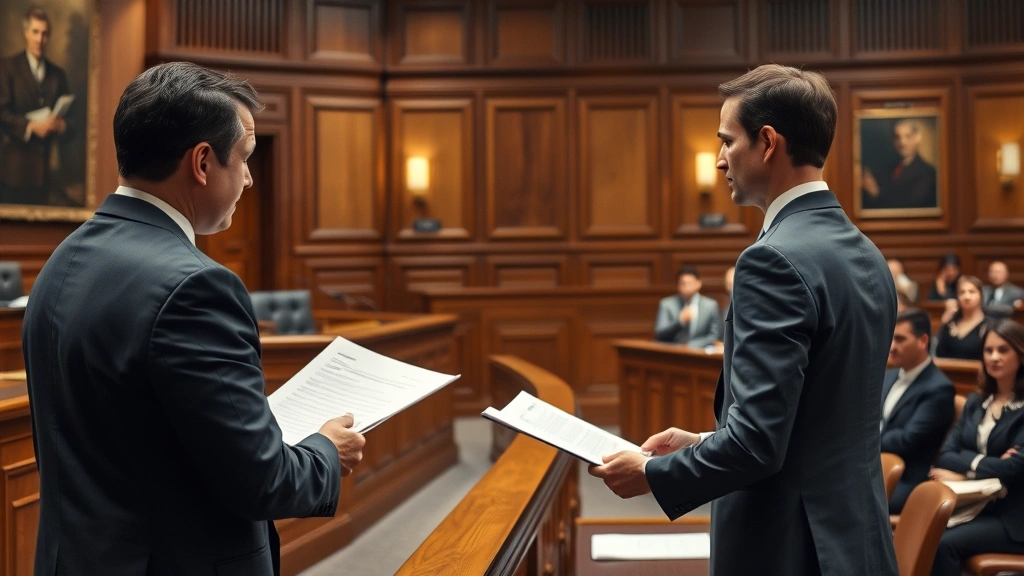 Expert witness testifying in courtroom with confident professional demeanor, standing at witness stand with judge and attorneys visible, formal legal setting with evidence presentation materials