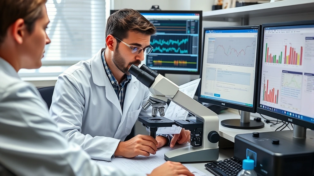 Medical or forensic professional reviewing scientific data and reports at desk with microscope, computer screens showing analytical results, professional office environment with scientific instruments