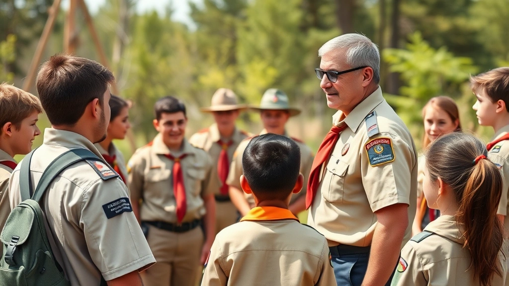 Professional scout leader conducting organized outdoor training session with young members in uniform, demonstrating leadership and mentorship in natural outdoor setting, daylight, confident posture, diverse group