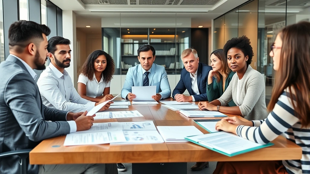 Modern organizational office with diverse team reviewing compliance documents and safety protocols at conference table, professional attire, serious focused expressions, inclusive workplace environment, natural lighting