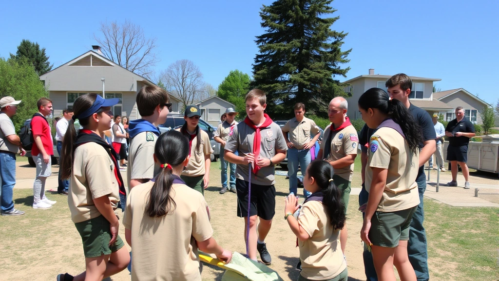 Youth group members participating in structured team activity outdoors, showing cooperation and discipline, wearing scout uniforms, supervised by adult leaders in background, clear weather, community setting