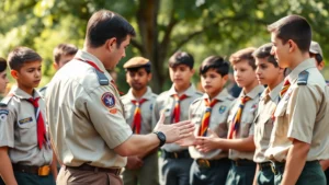 Professional scout leader conducting oath ceremony with diverse group of young scouts in uniform outdoors, natural lighting, serious ceremonial atmosphere, focus on hand placement and respectful engagement