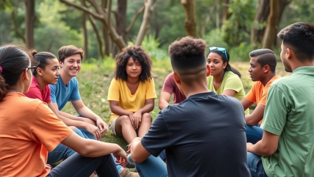 Diverse youth organization members sitting in circle during discussion or training session, outdoor natural setting, engaged expressions, showing teamwork and mutual respect in action