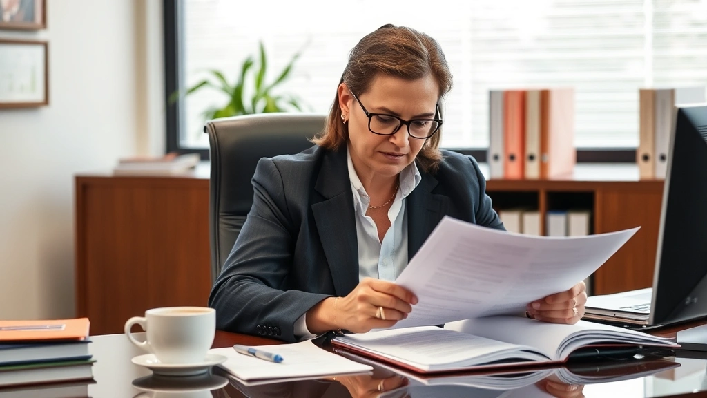 Organizational leader or coordinator reviewing documents and policies at desk with coffee, professional office environment, serious focused expression, representing governance and accountability aspects