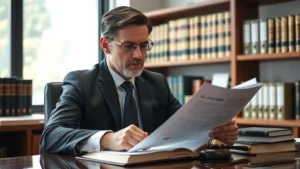 Professional attorney in office reviewing legal documents at desk, serious expression, law books in background, professional business attire, natural lighting through window