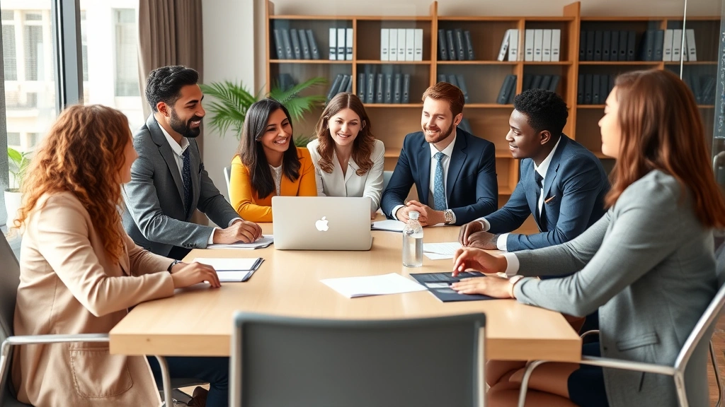 Diverse legal team having professional consultation meeting around conference table with laptop and documents, collaborative atmosphere, modern law office setting