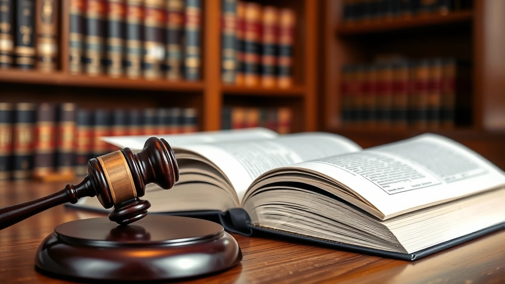 Close-up of gavel and law books on wooden desk in law library, legal research materials, professional legal environment, detailed focus on judicial symbols