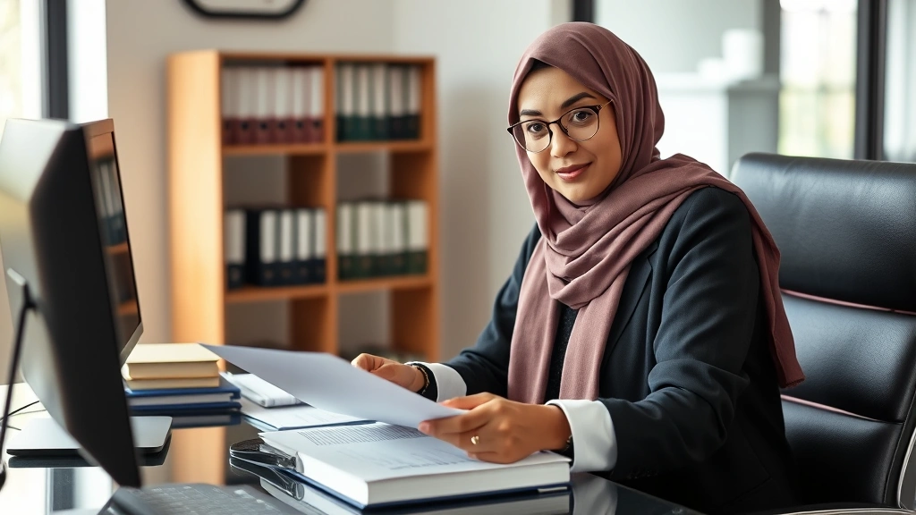 Professional Muslim woman lawyer in traditional hijab reviewing legal documents at office desk with law books and computer, natural lighting, confident expression, modern office environment
