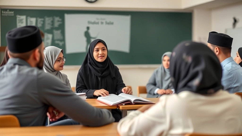 Female Islamic scholar in hijab teaching Islamic jurisprudence to diverse group of male and female students in university classroom, traditional and contemporary elements visible, focused learning atmosphere
