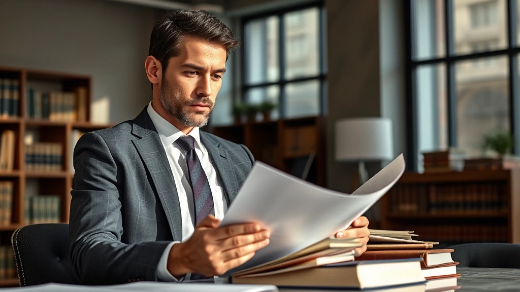 Professional male attorney in business suit reviewing thick legal documents and law books in modern office, serious expression, natural lighting from windows, authentic legal workspace