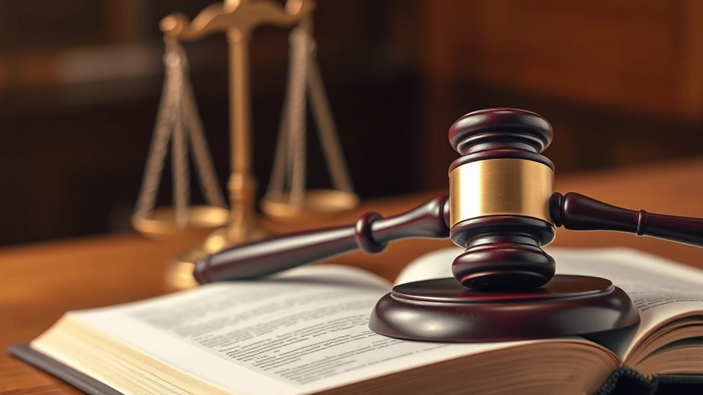 Close-up of judge's gavel resting on open law book with scales of justice blurred in background, professional courtroom setting, warm lighting, legal authority symbolism