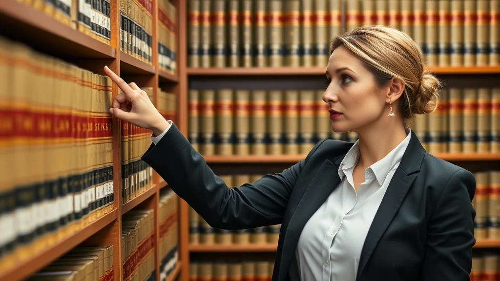 Female lawyer in professional attire pointing at statute book on shelf in law library, surrounded by volumes of legal codes, focused expression, organized legal research environment
