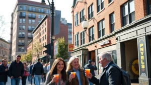 Professional photo of Seattle's Capitol Hill neighborhood street corner during daytime, pedestrians holding beverages in plastic cups, brick buildings and storefronts visible, vibrant urban environment, natural lighting