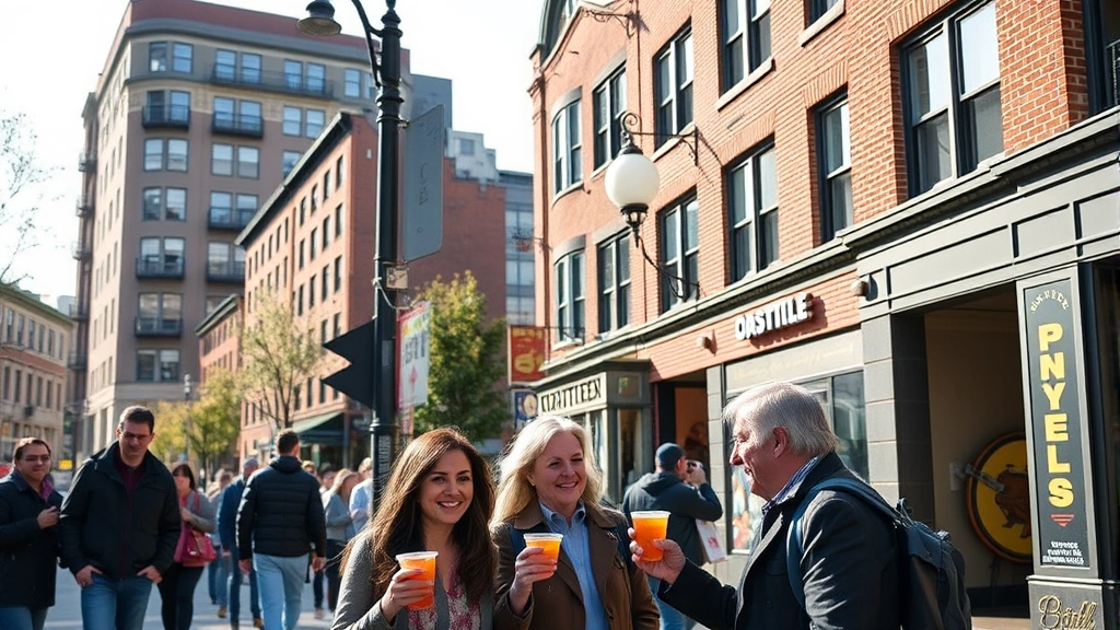 Professional photo of Seattle's Capitol Hill neighborhood street corner during daytime, pedestrians holding beverages in plastic cups, brick buildings and storefronts visible, vibrant urban environment, natural lighting