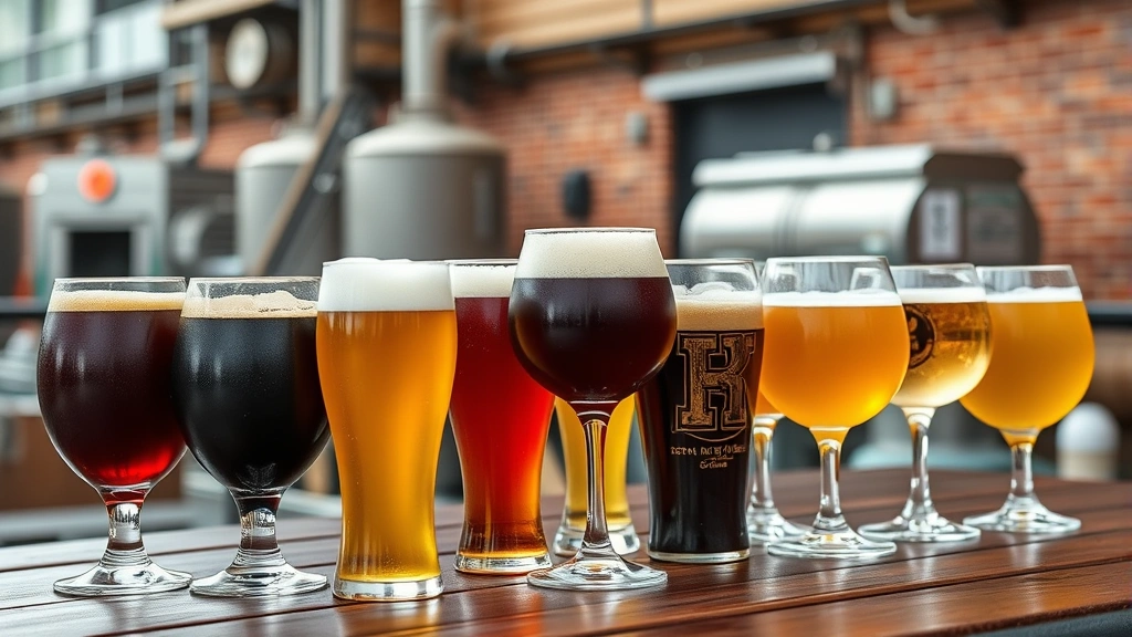 Close-up of diverse craft beer glasses and wine cups on an outdoor table in a brewery setting, Seattle waterfront or industrial brick background, soft natural lighting, no labels or text visible on containers