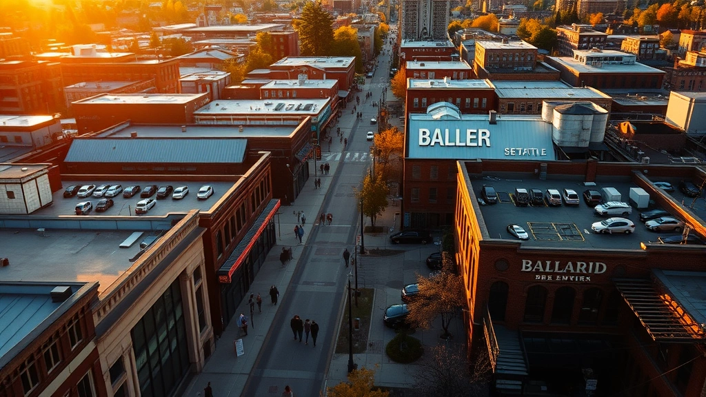 Aerial view of Seattle Ballard neighborhood during golden hour, brewery district with people walking on sidewalks, mixed-use buildings, pedestrian pathways clearly visible, urban planning perspective, no signage text readable