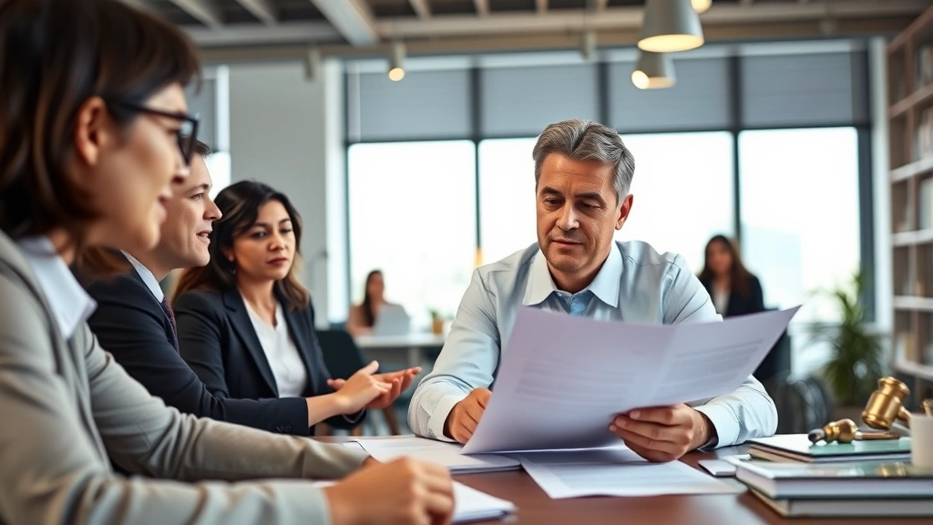 Professional bilingual family lawyer reviewing Spanish and English legal documents at desk, discussing family relationships and inheritance matters with clients, warm office lighting, diverse team setting